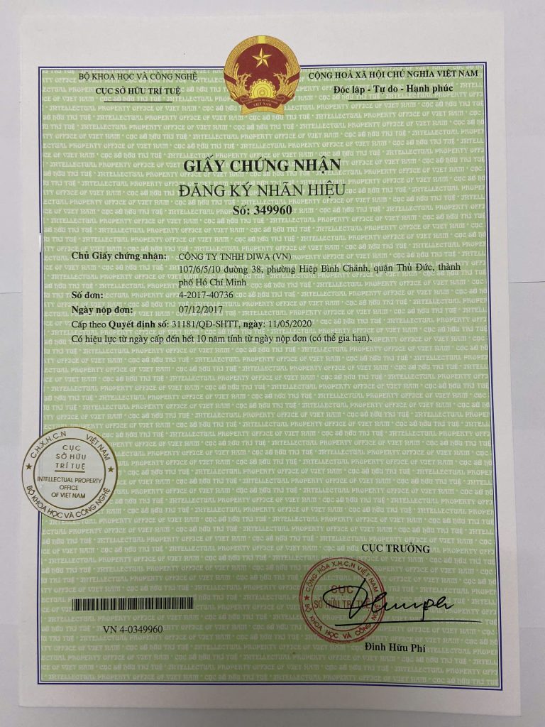 Giấy chứng nhận đăng ký nhãn hiệu độc quyền thương hiệu DIWA